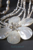 Necklace - 3-Strand White Freshwater Pearls with 2 Sea Shell Flowers with Pearls and Crystals