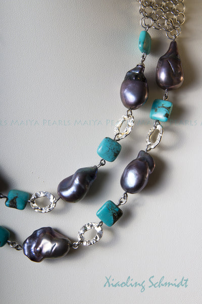 Necklace - Exquisitely Hand-crafted Large Black Pearls with Turquoise (Sterling Silver)