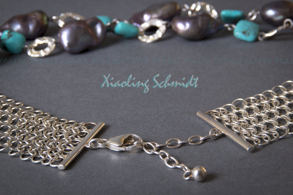 Necklace - Exquisitely Hand-crafted Large Black Pearls with Turquoise (Sterling Silver)