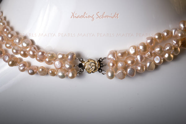 Necklace - 3-Strand Peach Baroque Freshwater Pearls with Rose Clasp