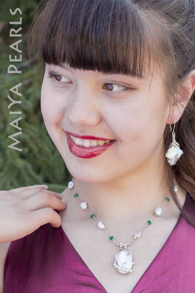 Necklace and Pendant - Brazilian Emeralds and Keshi Pearls