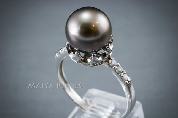 Ring - Tahitian Black Pearl with 925 Sterling Silver & Rhodium Crown Setting