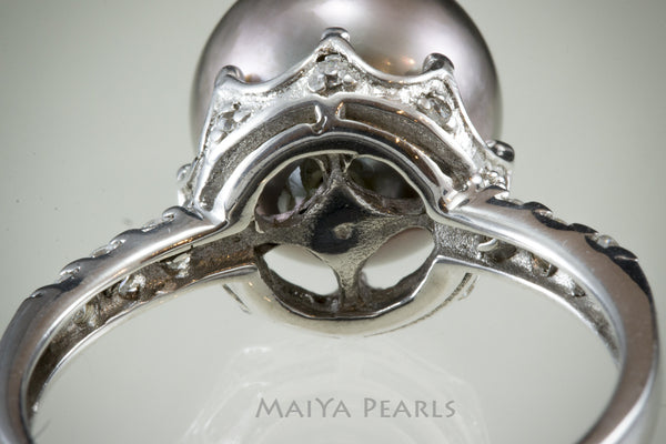 Ring - Tahitian Black Pearl with 925 Sterling Silver & Rhodium Crown Setting