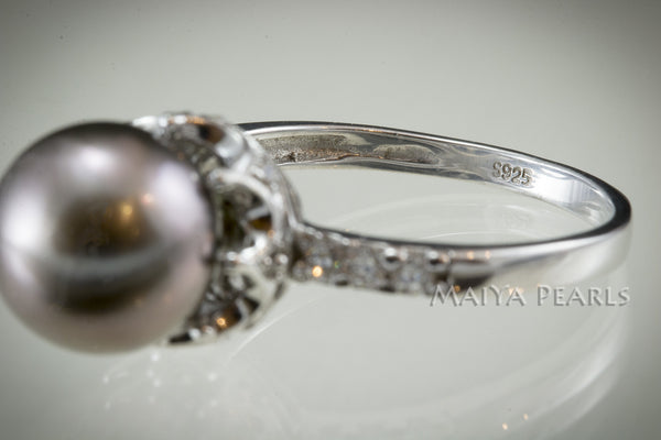 Ring - Tahitian Black Pearl with 925 Sterling Silver & Rhodium Crown Setting