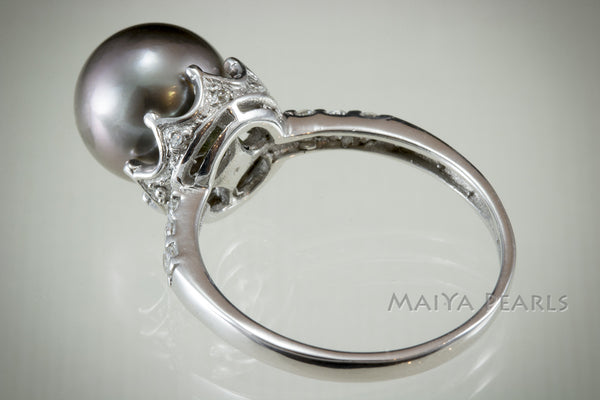 Ring - Tahitian Black Pearl with 925 Sterling Silver & Rhodium Crown Setting
