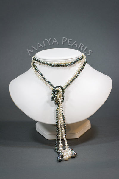 Necklace - Double Sweater Chain Black and White Baroque Pearls (versatile)