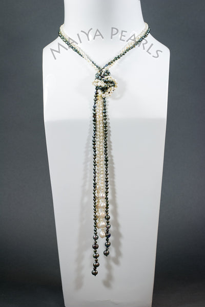 Necklace - Double Sweater Chain Black and White Baroque Pearls (versatile)