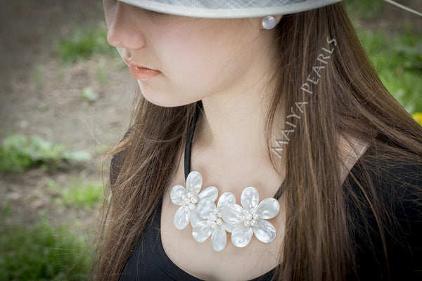 Triple Flower Necklace - Baroque Ringed Pearls & Natural Shell Petals