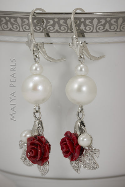 Earrings - Red Rose, white cultured pearls with cubic zirconia