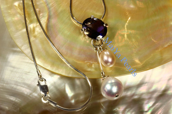 Necklace - A+ Iolite Faceted & High Lustre White & Peach Waterdrop Freshwater