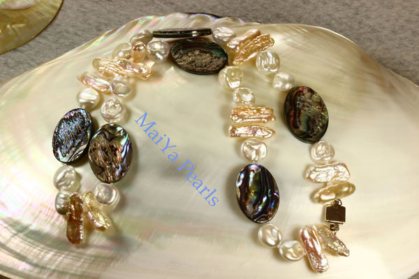 Necklace - Paua Sea Shell Natural & Cultured White Keshi Pearls, Peach Stick / Biwa Pearls