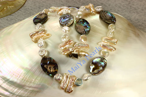 Necklace - Paua Sea Shell Natural & Cultured White Keshi Pearls, Peach Stick / Biwa Pearls