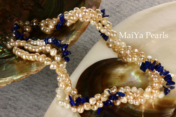 Necklace - 3-Strand Twisted Pearls with Lapis