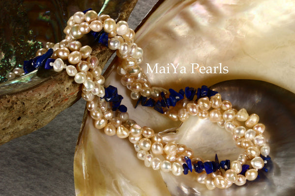 Necklace - 3-Strand Twisted Pearls with Lapis