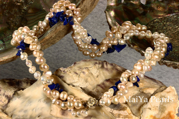 Necklace - 3-Strand Twisted Pearls with Lapis