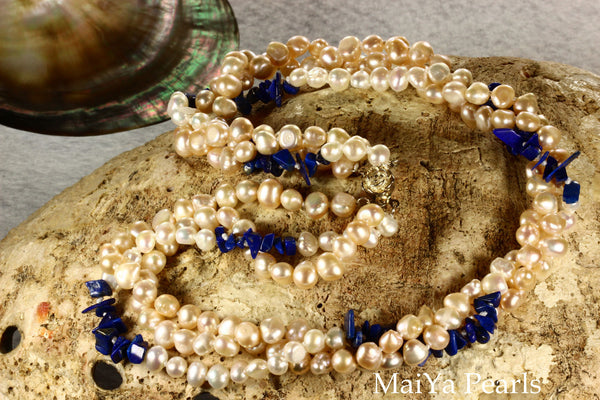 Necklace - 3-Strand Twisted Pearls with Lapis