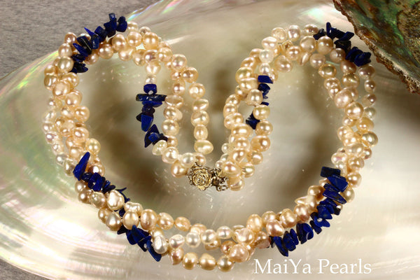 Necklace - 3-Strand Twisted Pearls with Lapis