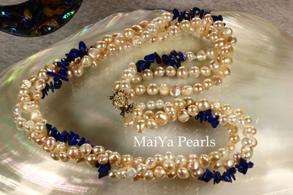 Necklace - 3-Strand Twisted Pearls with Lapis