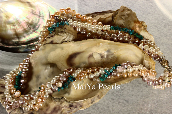 Necklace - 4-Strand Twisted Pearls with Turquoise