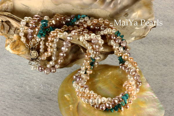 Necklace - 4-Strand Twisted Pearls with Turquoise