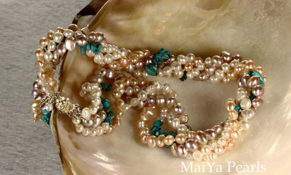 Necklace - 4-Strand Twisted Pearls with Turquoise