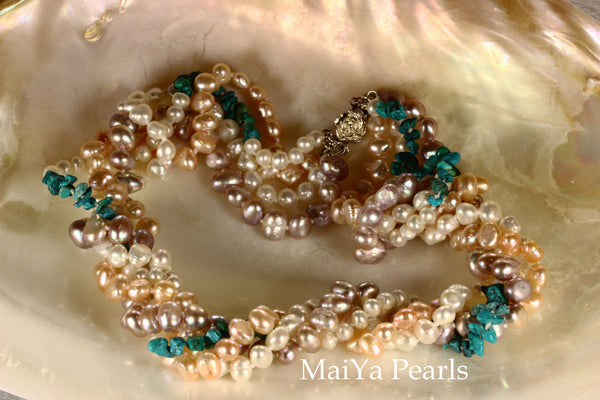 Necklace - 4-Strand Twisted Pearls with Turquoise