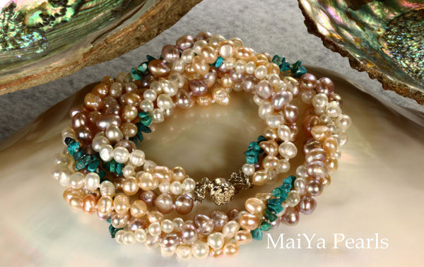 Necklace - 4-Strand Twisted Pearls with Turquoise