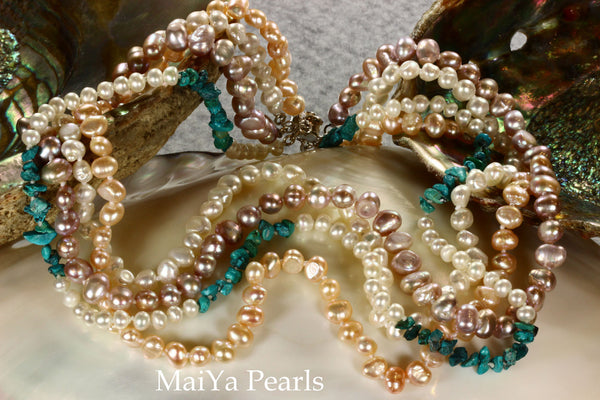 Necklace - 4-Strand Twisted Pearls with Turquoise