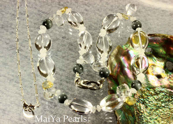Necklace - Convertible - Natural Crystal & Cat's Eye with Moonstones