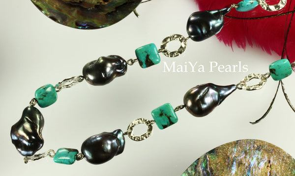 Necklace - Convertible Large Purplish Navy Blue Pearl Nuggets & Square Turquoise