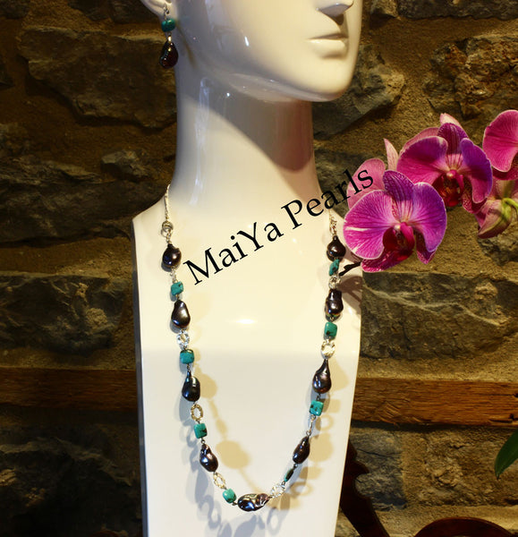 Necklace - Convertible Large Purplish Navy Blue Pearl Nuggets & Square Turquoise