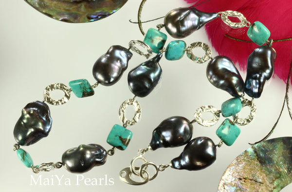 Necklace - Convertible Large Purplish Navy Blue Pearl Nuggets & Square Turquoise