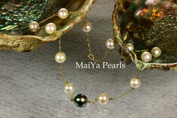 Necklace - Stunning AA+ Tahiti Black Pearl & Fine White Freshwater Pearl 14k Gold Chain