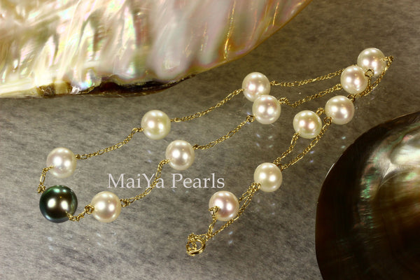 Necklace - Stunning AA+ Tahiti Black Pearl & Fine White Freshwater Pearl 14k Gold Chain