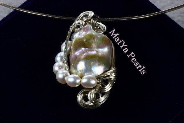 Pendant - Wire Sculpted Iridescent Multi-color Large Baroque Pearl Lavender