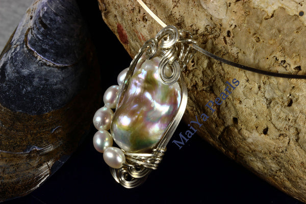 Pendant - Wire Sculpted Iridescent Multi-color Large Baroque Pearl Lavender