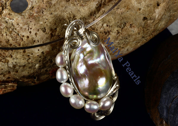 Pendant - Wire Sculpted Iridescent Multi-color Large Baroque Pearl Lavender