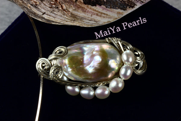 Pendant - Wire Sculpted Iridescent Multi-color Large Baroque Pearl Lavender