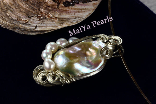 Pendant - Wire Sculpted Iridescent Multi-color Large Baroque Pearl Lavender