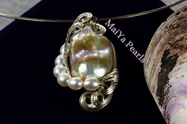 Pendant - Wire Sculpted Iridescent Multi-color Large Baroque Pearl Lavender