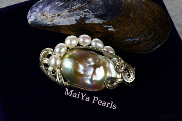 Pendant - Wire Sculpted Iridescent Multi-color Large Baroque Pearl Lavender