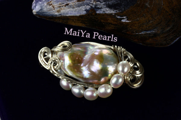 Pendant - Wire Sculpted Iridescent Multi-color Large Baroque Pearl Lavender