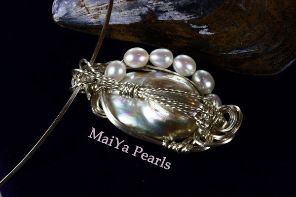 Pendant - Wire Sculpted Iridescent Multi-color Large Baroque Pearl Lavender