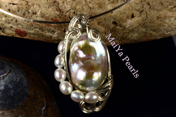 Pendant - Wire Sculpted Iridescent Multi-color Large Baroque Pearl Lavender