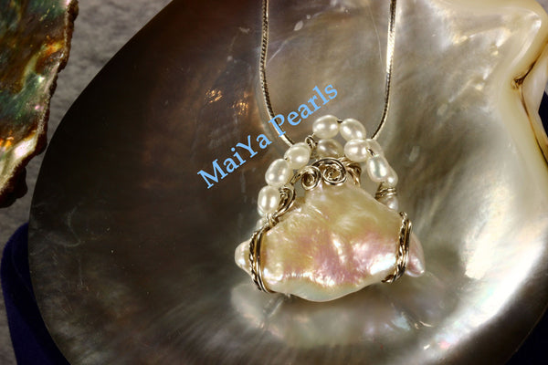 Pendant - Wire Sculpted Unique Large Keshi Pearl White