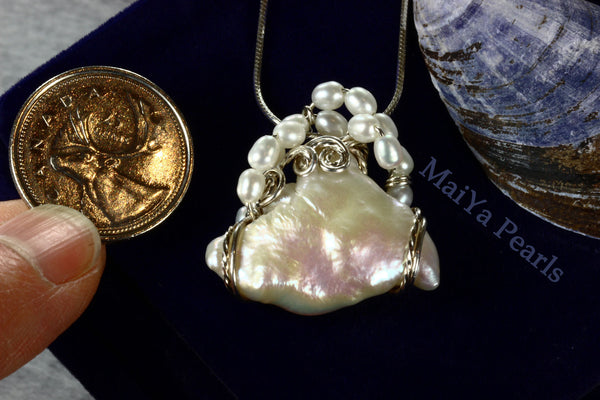 Pendant - Wire Sculpted Unique Large Keshi Pearl White