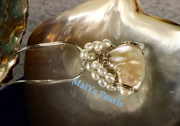 Pendant - Wire Sculpted Unique Large Keshi Pearl White