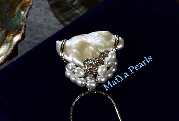 Pendant - Wire Sculpted Unique Large Keshi Pearl White