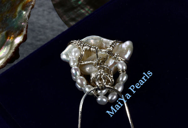 Pendant - Wire Sculpted Unique Large Keshi Pearl White