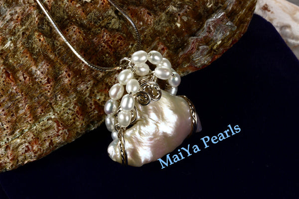 Pendant - Wire Sculpted Unique Large Keshi Pearl White